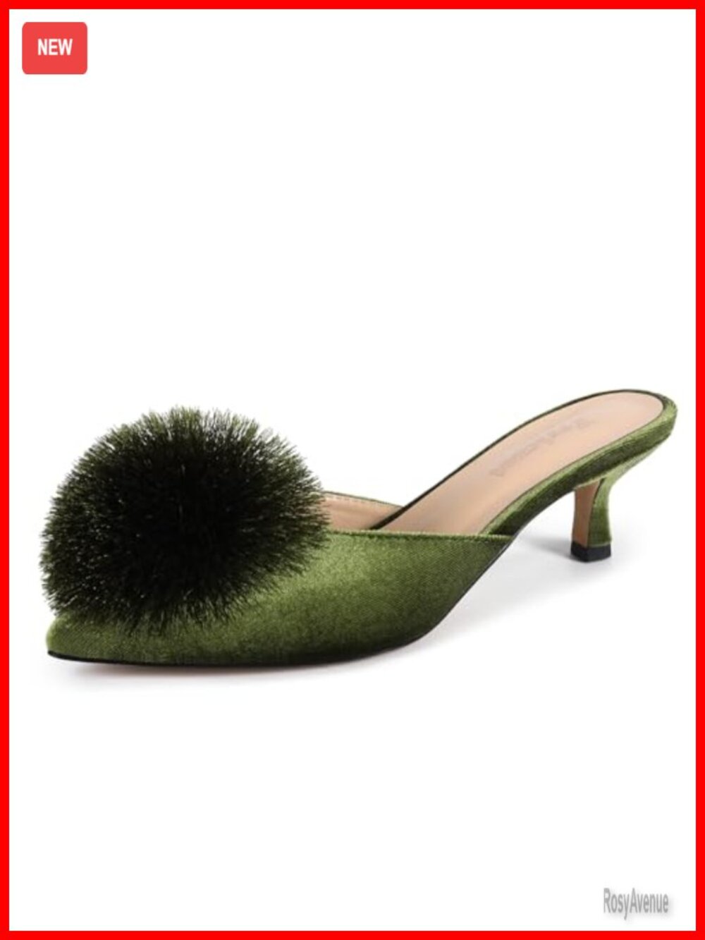 Fericzot Kitten Heel Mules Pointed Toe Slip On Velvet Pom Pom Sandals